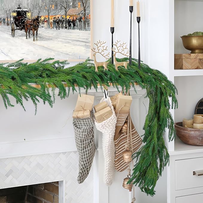 Hananona 2 Pcs 6 Ft Artificial Norfolk Pine Garlands, Realistic Pine Garland, Green Artificial Greenery Garland for Table, Mantle, Wall, Indoor, Outdoor Winter Christmas Decorations (2, 6 FT)