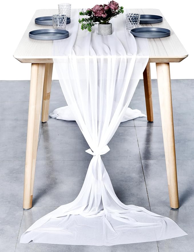 MDS 10 Pack 10ft Chiffon Table Runner 29 x 120 Inches Sheer Wedding Runner Romantic Rustic Table Runner for Wedding Decorations, Birthday Parties, Bridal Shower Party Arch Decor - White