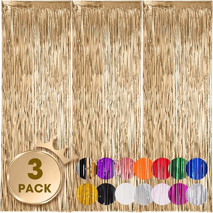 3 Pack 3.3x8.2 Feet Champagne Foil Fringe Backdrop Curtains, Tinsel Streamers Birthday Party Decorations, Fringe Backdrop for Graduation, Baby Shower, Gender Reveal, Disco Party