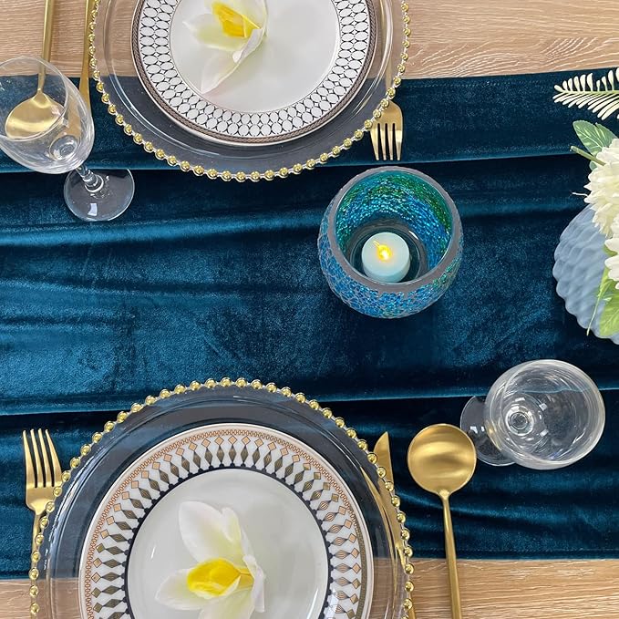 Luxurious Velvet Table Runner, 10ft Wedding Reception Decorations, 20x120inch Soft Velvet Fabric, Table Linen Overlay, Wedding Table Runners (Peacock Blue, 20X120inch)