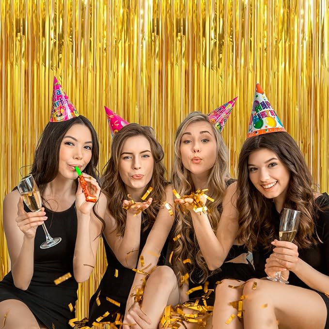2 Pack Gold Christmas Streamers Party Decorations Gold Tinsel Backdrop Supplies Foil Curtain Backdrop for Baby Shower Birthday Bachelorette Wedding Engagement Holiday Celebration Party Decorations