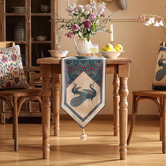 Vintage Blue Peacock Small Table Runner for Table,Decorative Linen 63 Inches Long Table Runners,Decor Tabletop for Kitchen,Dining,Tea Party,Home,Christmas,12"*63"