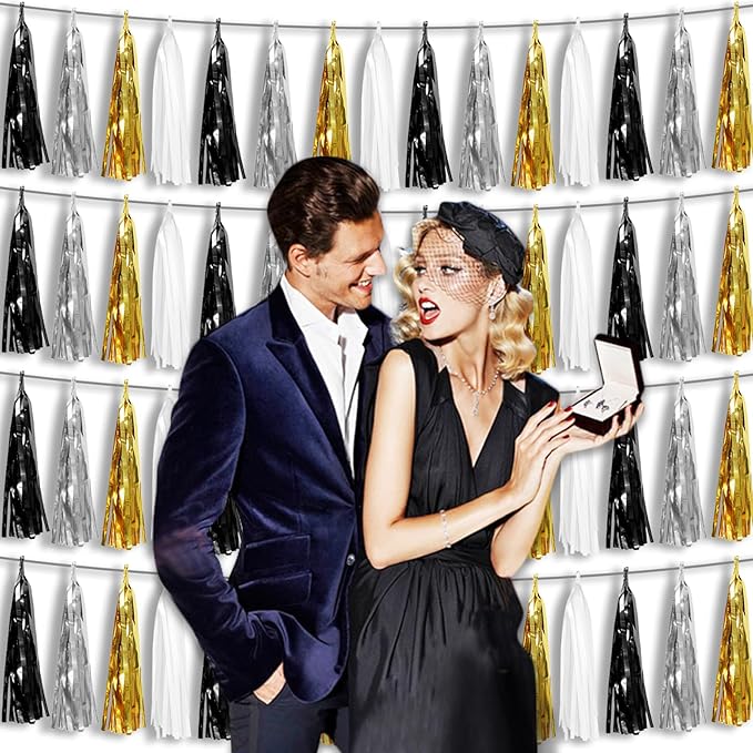 4P Black Gold Silver Foil Fringe Tassel Banner Garland Metallic Tinsel Streamers Wall Hanging Curtain Backdrop Banner for Parade Floats, 2024 Graduation Decorations, New Years Decorations, Father' Day
