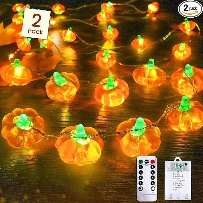 BOSSERN 2 Pack 60LED Thanksgiving Decoration 3D Pumpkin String Lights Battery Operated, 20FT Fall Lights with Remote, Waterproof 8 Modes Fairy Lights for Autumn Harvest Thanksgiving Halloween Decor