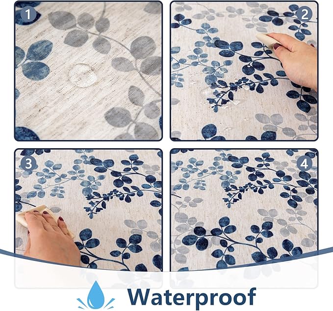 MYSKY HOME Floral Print Rectangle Tablecloth Waterproof Rectangular Table Cloth Linen Farmhouse Tablecloth for Kitchen Dining Spring Leaves Tablecloth for 6 Feet Table，60 x 102 Inches, Blue