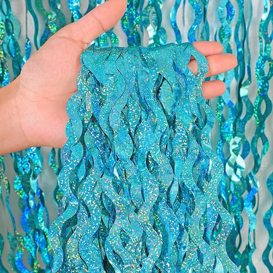 4 Pack Teal Aqua Blue Wavy Foil Fringe Curtains Party Decorations - 3.3 ft x 6.6 ft Sparkle Streamer Tinsel Curtain Party Photo Backdrops for Birthday Party Christmas Graduation Decoration