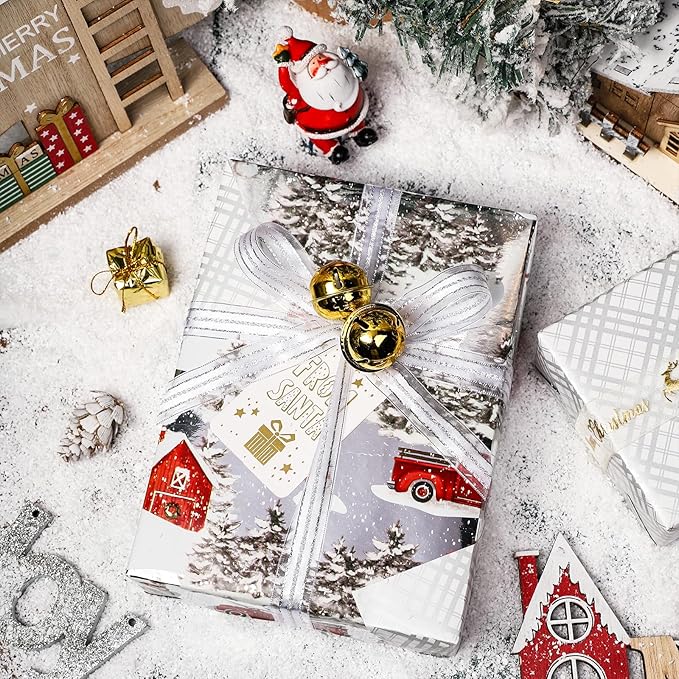 LeZakaa Christmas Silver Wrapping Paper Jumbo Roll for Boy Kid, Red Truck, Snowy Pine Forest & Grid Plaid, Silver Foil Reversible Design for Winter Holiday Family Gathering, 30 inches x 32.8 Feet