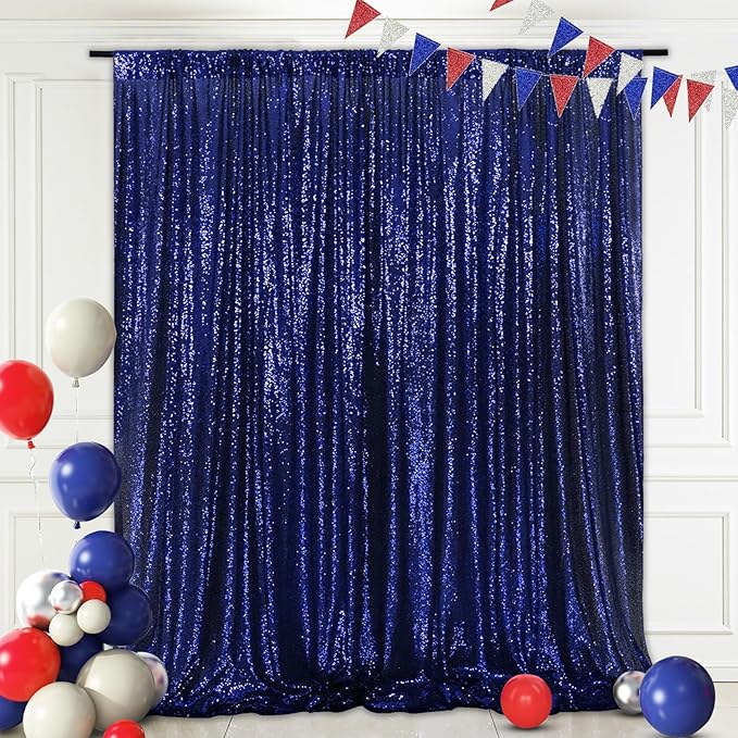 Eternal Beauty Navy Blue Sequin Backdrop, 8x8 Ft Glitter Background Curtains for Shimmer Photography Party Wedding Birthday Independence Day Back Drop Decor