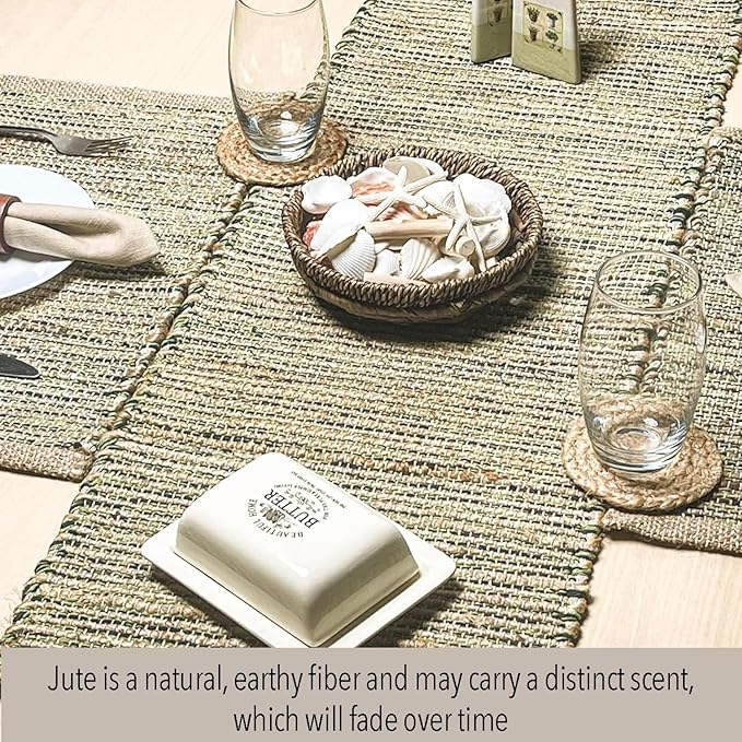 Chardin home Natural Jute Table Runner 13x36 Inch – Vintage Boho Rustic Table Decor – Handwoven Table Runner in Natural Jute and Green – Farmhouse Dining or Console Table Accent