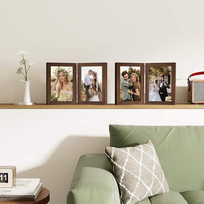 decorUhome Double 5x7 Picture Frame Vertical, Engineered Wood Bifold Photo Frame with Plexiglass for Tabletop Display, 5x7, Brown
