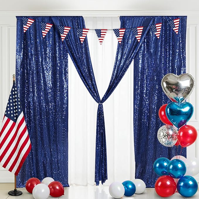 Eternal Beauty Navy Blue Sequin Backdrop Curtains, Shimmer Back Drop 4Panels-2FTx8FT for Independence Day Christmas, Party, Birthday, Photography, Wedding, Baby Shower Event Decoration
