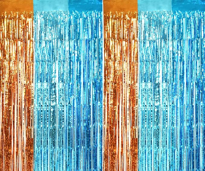 TONIFUL Orange Blue Door Streamers,Blue and Orange Photo Booth Backdrop Metallic Streamers Foil Fringe Curtain for Birthday,New Year,Graduation,Grad,Bachelorette Party Streamers Decoration