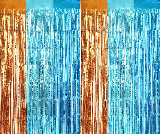 TONIFUL Orange Blue Door Streamers,Blue and Orange Photo Booth Backdrop Metallic Streamers Foil Fringe Curtain for Birthday,New Year,Graduation,Grad,Bachelorette Party Streamers Decoration