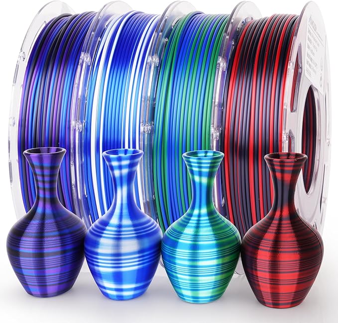 AMOLEN Silk PLA 3D Printer Filament Bundle, Multicolor Gradient Rainbow PLA 1.75mm Pack, Shiny Fast Color Change 3D Printing Filament for Most FDM 3D Printer, 200g X 4 Spools