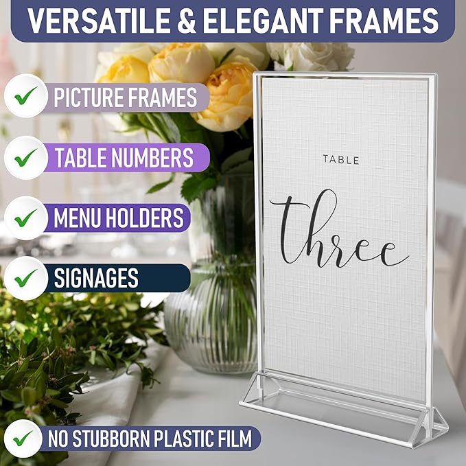 Silver Picture Frames Double-Sided, 6-Pack 8.5x11 Acrylic Table Number Holders, Clear Easel Stands for Signs, Silver Frames for Wedding Table Numbers, Menu Holders, Photo Displays for Events and Décor