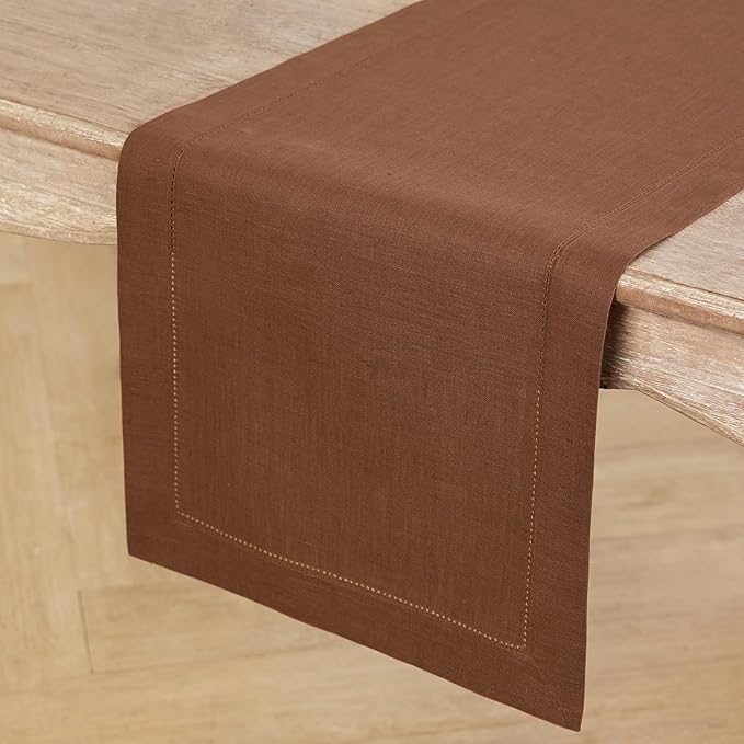 Solino Home Linen Brown Table Runner 36 Inches - Classic Hemstitch, 100% Pure Linen Coffee Table Runner 14 x 36 Inch Ideal for Dresser Tables, Fall, Autumn, Thanksgiving