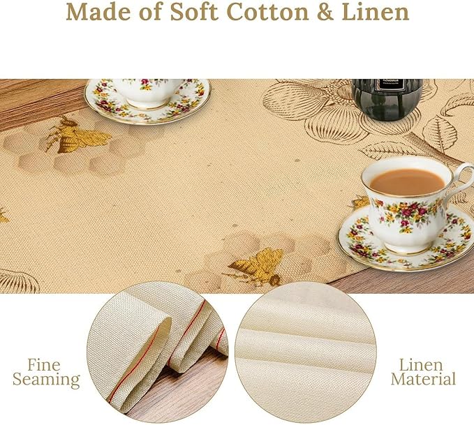 Vintage Bee Table Runner, Rustic Retro Wildflowers Print Home Farmhouse Table Cover for Party Indoor Outdoor Decoration Kitchen Dining Table Decor, 13x90inch