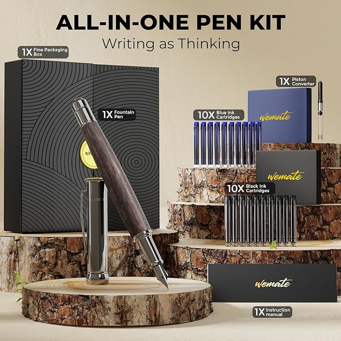 WEMATE Fountain Pen Set, Fine Nib, 20 Ink Cartridges(10 Black&10 Blue), 1 Ink Converter, Smooth Writing, No Skips, Nice Gift for Men, Women, Cool Wood Fountain Pen for Writing, Calligraphy