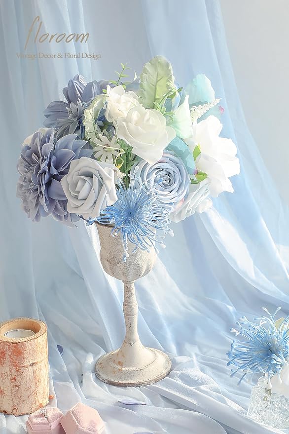 Floroom Dusty Blue Powder Blue Artificial Flowers Fake Roses Dahlias and Greenery Combo Box Set for DIY Wedding Bouquets Bridal Shower Centerpieces Floral Arrangements Party Tables Home Decorations