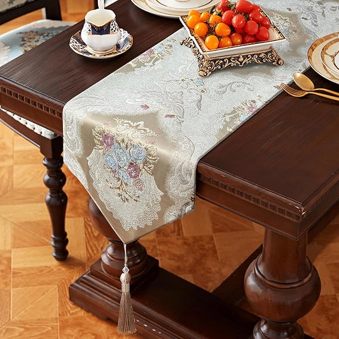HeMiaor Jacquard Damask Table Runner Chenille Flowery with Delicate Tassel Luxurious Decoration 13"x72" Beige
