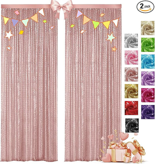 VOK Rose Gold Sequin Backdrop Curtains 2 Panels 2FTx8FT Glitter Photography Background for Wedding Birthday Christmas Party Decorations