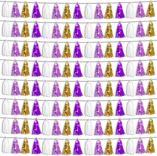 8P Purple-Gold Party Decoration Tassel Garland, Tassels Banner Streamers for Parade Floats, Bachelorette, Wedding, Birthday, Halloween, Christmas, Bridal/Baby Shower Party Decorations