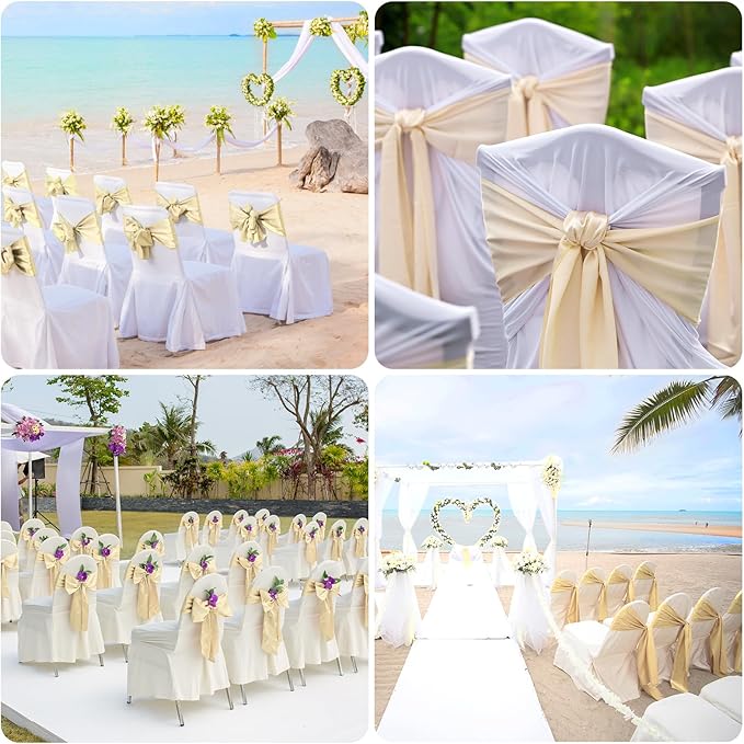 10 PCS Satin Chair Sashes Bows Universal Chair Ribbon Ties Back Sash for Wedding Party Reception Events Banquets Hotel Event Chair Cover Decoration (Champagne 7x108 inch)