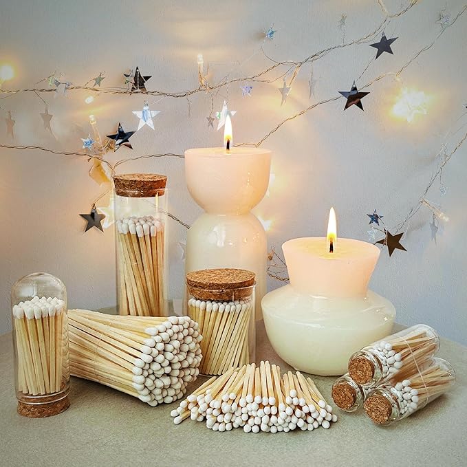 2" Matches in 3 Mini Glass Cloche Jars + Striker Stickers Included | 100 Matchsticks Color of Your Choice | Decorative Safety Matches w/a Dome Glass Holder | Gifts & Home Decor by Thankful Greetings