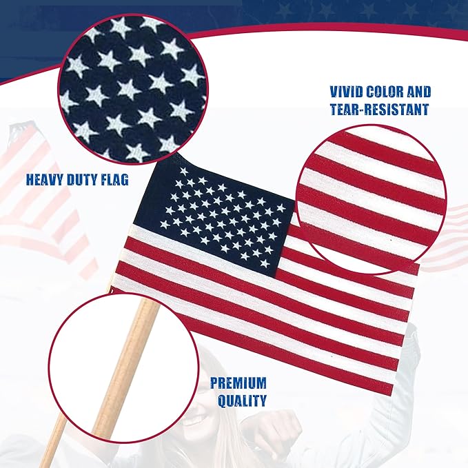 Super Tough Small American Stick Flags 4’’x6’’ - No Tip | Cotton Outdoor Flag on 10’’ Wooden Stick | Hand Held Flags Patriotic Decor for Various Holiday Parties and National Flag Day | 500 Pack