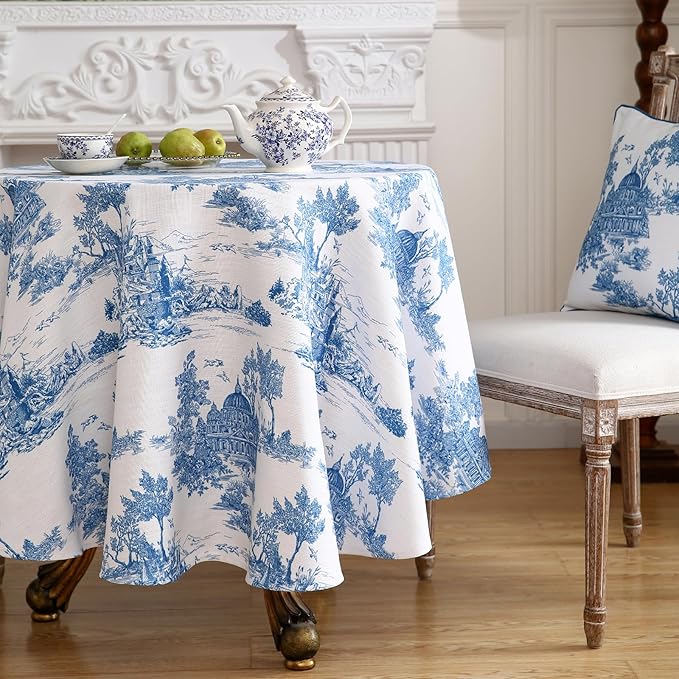 patdrea Designer Cyan Tablecloth for Round Table,Vintage Linen Ancient Castle and Manor Pattern Tablecloths,Table Cover Decor for Kitchen Dining Christmas,Thanksgiving,Diameter 67"-Lucerne a