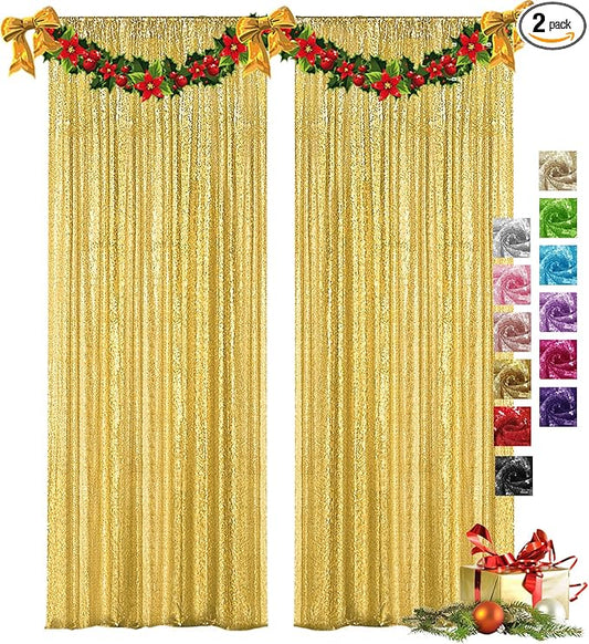 VOK Gold Sequin Backdrop Curtains 2 Panels 2FTx8FT Glitter Photography Background for Wedding Birthday Christmas Party Decorations
