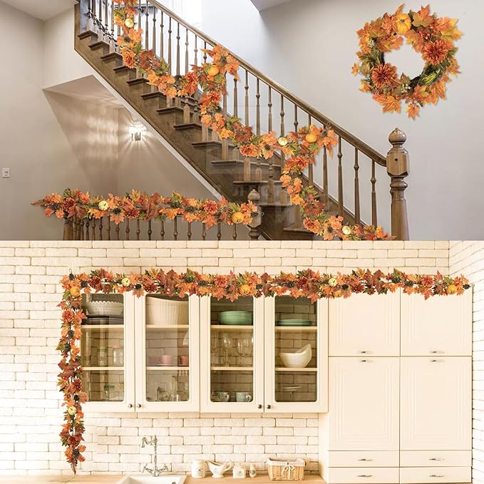 Artificial Fall Maple Leaves Garland Hanging Vine 6Ft Fake Pumpkin Pine Berries Autumn Decoration Garland Decor for Fireplace Home Doorway Party Indoor Outdoor
