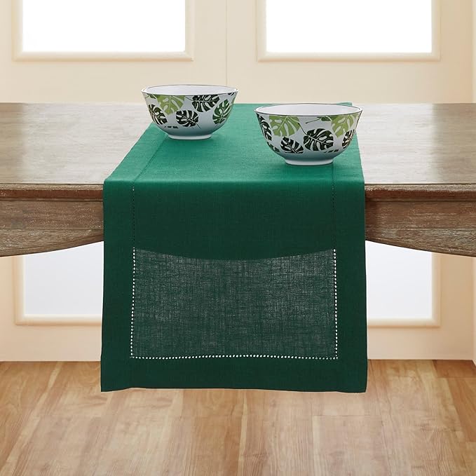 Solino Home Linen Rainforest Green Table Runner 90 Inches Long - 100% Pure Linen Hemstitch 14 x 90 Inch Table Runner for Dining, Fall, Autumn, Thanksgiving, Christmas - Classic Hemstitch