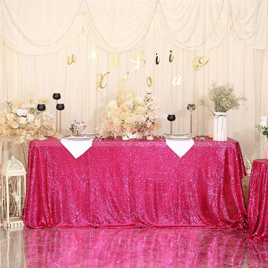 SquarePie Sequin Tablecloth 50 x 72 Inch Hot Pink Glitter Table Linen for Wedding Party