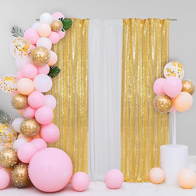 Eternal Beauty Gold Sequin Backdrop Curtains, Shimmer Back Drop 2Panels-2FTx8FT for Christmas, Party, Birthday, Photography, Wedding, Baby Shower Event Decoration