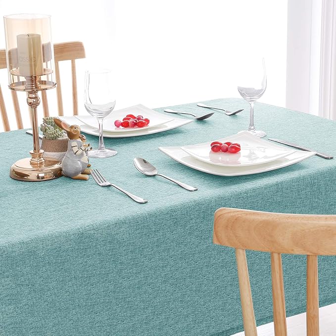 Hiasan Faux Linen Rectangle Tablecloth - Wrinkle and Stain Resistant Washable Table Cloth for Kitchen Dining Room Holiday Table Cover for Party Dinner, Aqua, 90 x 132 Inch