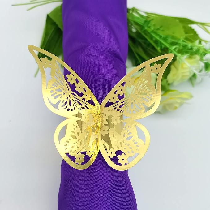 Butterfly Gold Paper Napkin Rings Set of 100 pcs，3D Laser Cut Foil Cutout Paper Napkins Holder,Disposable Serviette Rings for Tables,Decorations,Wedding,Dinner,Party Decor, TYPE1