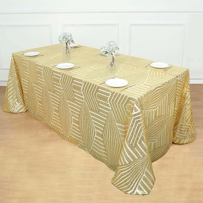 Efavormart 90"X132" Gold Sparkly Sequin Geometric Tulle Rectangular Tablecloth