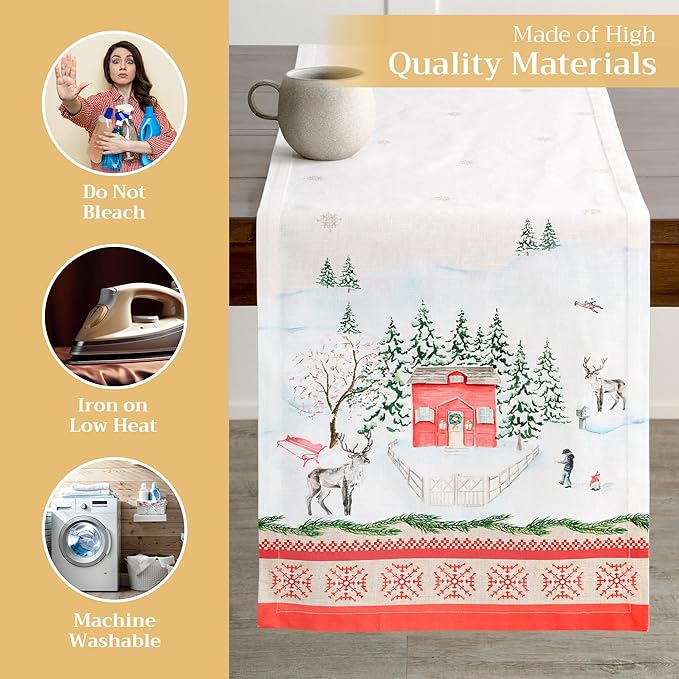 Maison d' Hermine Table Runner 100% Cotton Double Layer Table Runners 72 inches Long for Thanksgiving Christmas Decorations Home Kitchen Dining Party Wedding (Rural Christmas, 14.5" x 72")