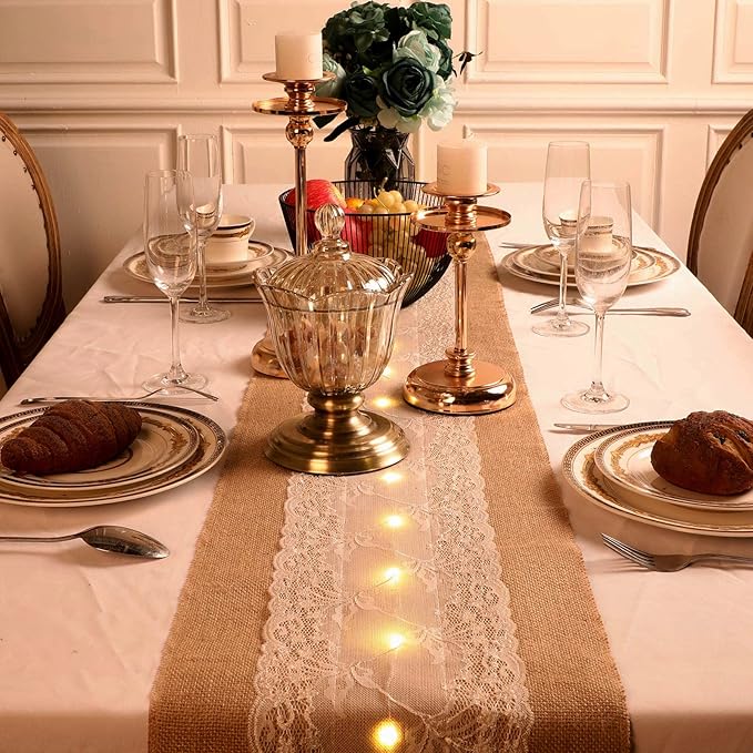 Burlap Table Runner with LED String Lights Rustic 12" x 108" Christmas Tablecloth Lighted Table Runner Farmhouse Decor for Wedding Bridal Shower Xmas Holiday (Pack of 2)