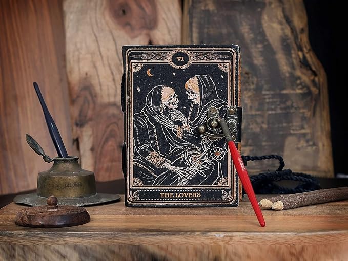C CUERO Book of Spells Leather Journal Deckle Edge Paper Grimoire Printed Journal The Lovers Tarot Notebook Spiral Gothic Notebook Skull lover Antique Vintage Leather Journals for Men and Women (6 * 8