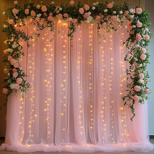 10x10ft Pink Tulle Backdrop Curtain with String Lights, Wrinkle-Free Sheer Wedding Backdrop for Birthday Parties, Baby Showers, Bridal Showers, Photo Shoots and Home Decorations, Pink