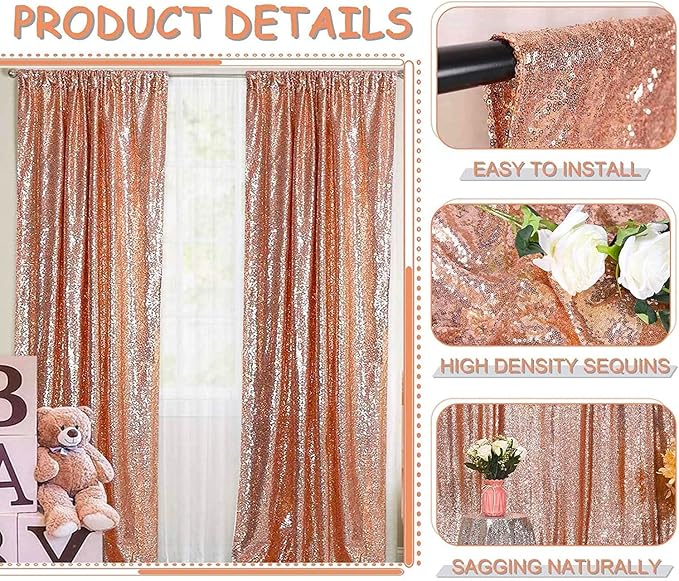 Rose Gold Sequin Backdrop Curtains Glitter Drapes 2FTx8FT 4 Panels for Wedding Birthday Party Decorations Bridal Baby Shower Party Supplies Sparkly Photography Background