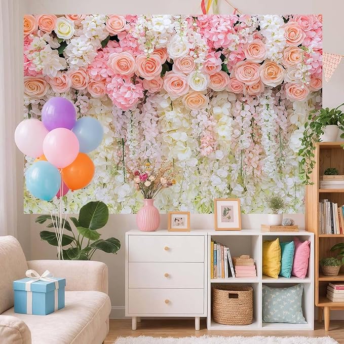 10x8ft Pink Rose Flower Wedding Photography Backdrop Spring Floral Photography Backdrop Valentine's Day Mother's Day Girl Birthday Baby Shower Wedding Bridal Party Banner Photo Booth Props Background