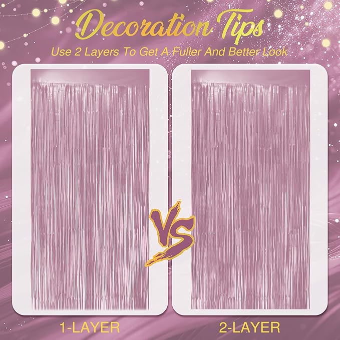 2 Pack Metallic Light Pink Fringe Backdrop, 3.2x8.2ft Shining Foil Tinsel Curtains, Birthday Party Decorations Door Streamers for Halloween, Christmas, Wedding, Graduation, Holiday, Theme Events