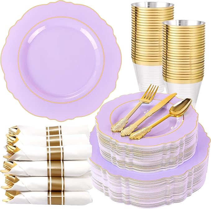 Liacere 350PCS Purple Plastic Plates - Disposable Light Purple and Gold Plates 50guest Baroque Plastic Dinnerware include 100Plates, 50Pack Pre Rolled Napkins with Silverware 50Cups for Mother's Day