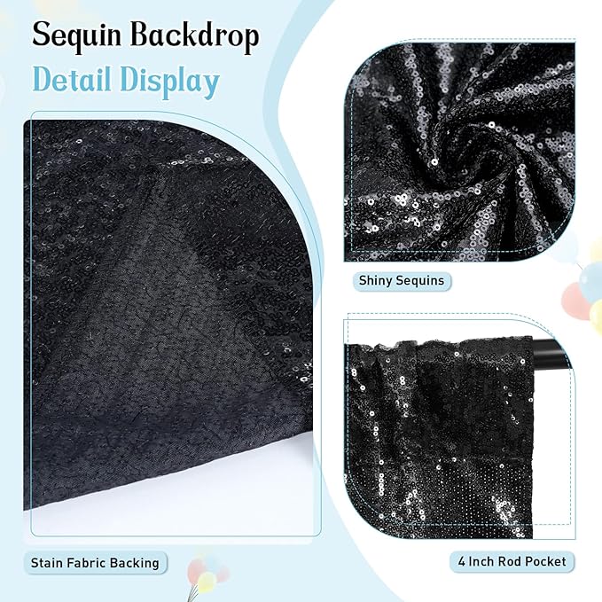 SquarePie Sequin Backdrop Curtain Less See Through Thick Background for Halloween Party 5FT x 7FT Black