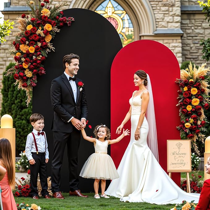 Red Black Arch Backdrop Cover for Wedding, Set of 2 Stretchy Spandex Fitted Arch Stand Cover for Baby Shower, Birthday Party Decor, Chiara Backdrop Cover with Double-Sided Design(7.2FT 6FT)