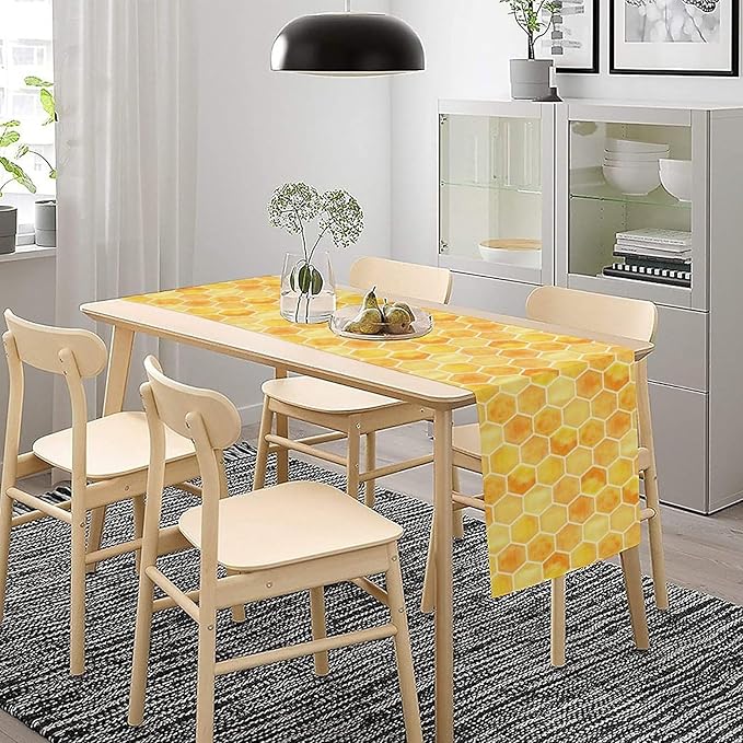 Honeycomb Bee Table Runner, Cute Abstract Geometric Yellow Honeycombs Print Table Cover for Kitchen Dining Table Indoor Outdoor Party Decor, 13x36inch