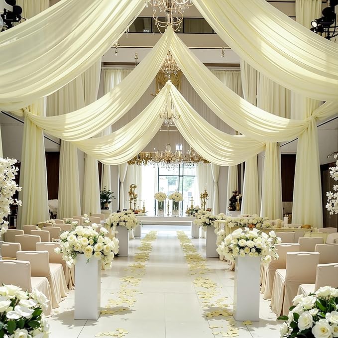 Wedding Arch Draping Fabric, 2 Panels 6 Yards Ivory Sheer Backdrop Curtain Chiffon Fabric Drapery for Wedding Ceremony Reception Swag Decorations (Ivory Drapes Curtain, (2 Panels) 6 Yards/36ft)